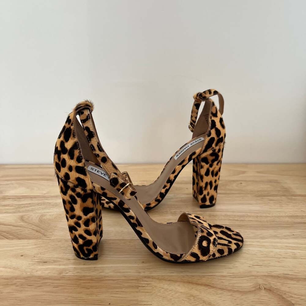 Steve Madden Carrson Leopard Print Cow Hair Ankle Strap Heels